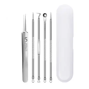 5PCS Blackhead Remover Comedone Extractor Kit - Professional Stainless Steel Facial Tools for Pimple, Acne, and Blemish Removal - Curved Tweezers Included