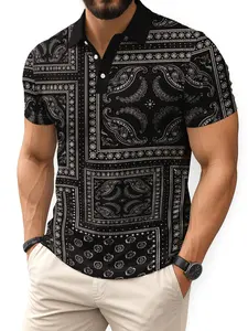 Retro Printed Scarf Style Casual Polo Shirt, Men's and Checkered Collar Polo T-Shirt, Fitted Graphic Print Top for Stylish