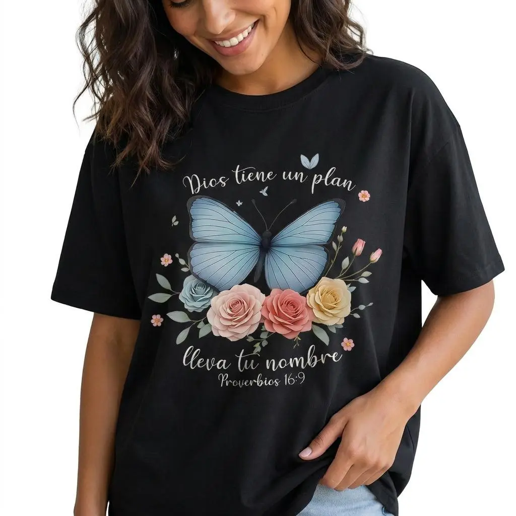 Spanish Christian Butterfly Graphic Tee Women Dios Tiene Un Plan Faith Shirt
