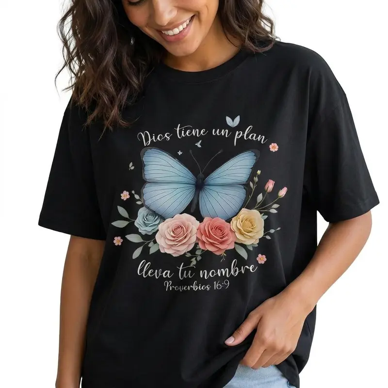 Spanish Christian Butterfly Graphic Tee Women Dios Tiene Un Plan Faith Shirt