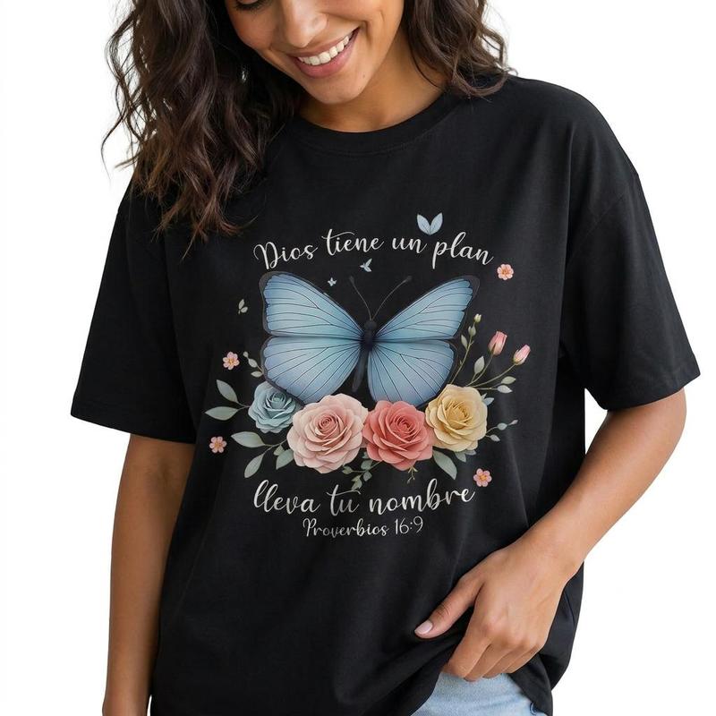 Spanish Christian Butterfly Graphic Tee Women Dios Tiene Un Plan Faith Shirt