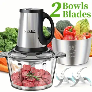 Electric Food Chopper Featuring Two Bowls And Dual-Level Blades, Suitable for Grinding Meats, Preparing Salads, Chopping Nuts, And More. Ideal for Home And Kitchen Use