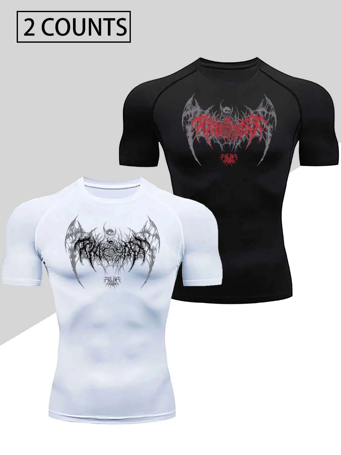 2PCS Men's Compression T-Shirt Set, High Elasticity Slim Fit Gym Shirt, Skull Print, Suitable for Exercise, Training, Summer Sports, Athletic Workout Clothing, Stretch Fabric Activewear, Athletic Apparel