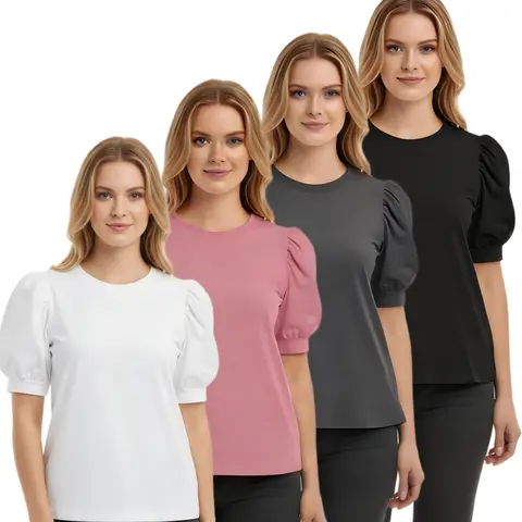Women's 4-Pack Fitted Crew Neck Short-Sleeve Basic Fashion Sports Tops - Female Summer Tunic Blouses for Business Casual & Everyday Dressy Wear