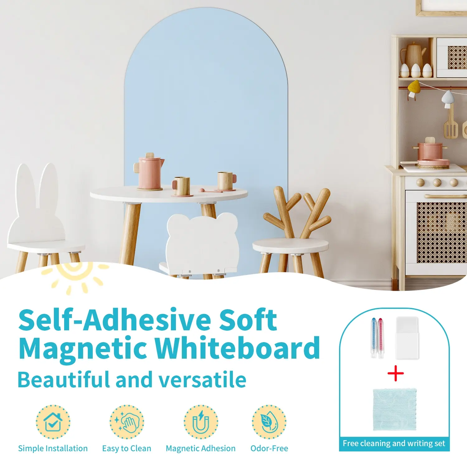 1 sky-blue & white magnetic arch set, self-adhesive magnetic board, Whiteboard Set, Magnetic dry erase board - quick installation, smooth writing, wall decoration, suitable for blackboard-style painting and learning in offices, studies, restaurants