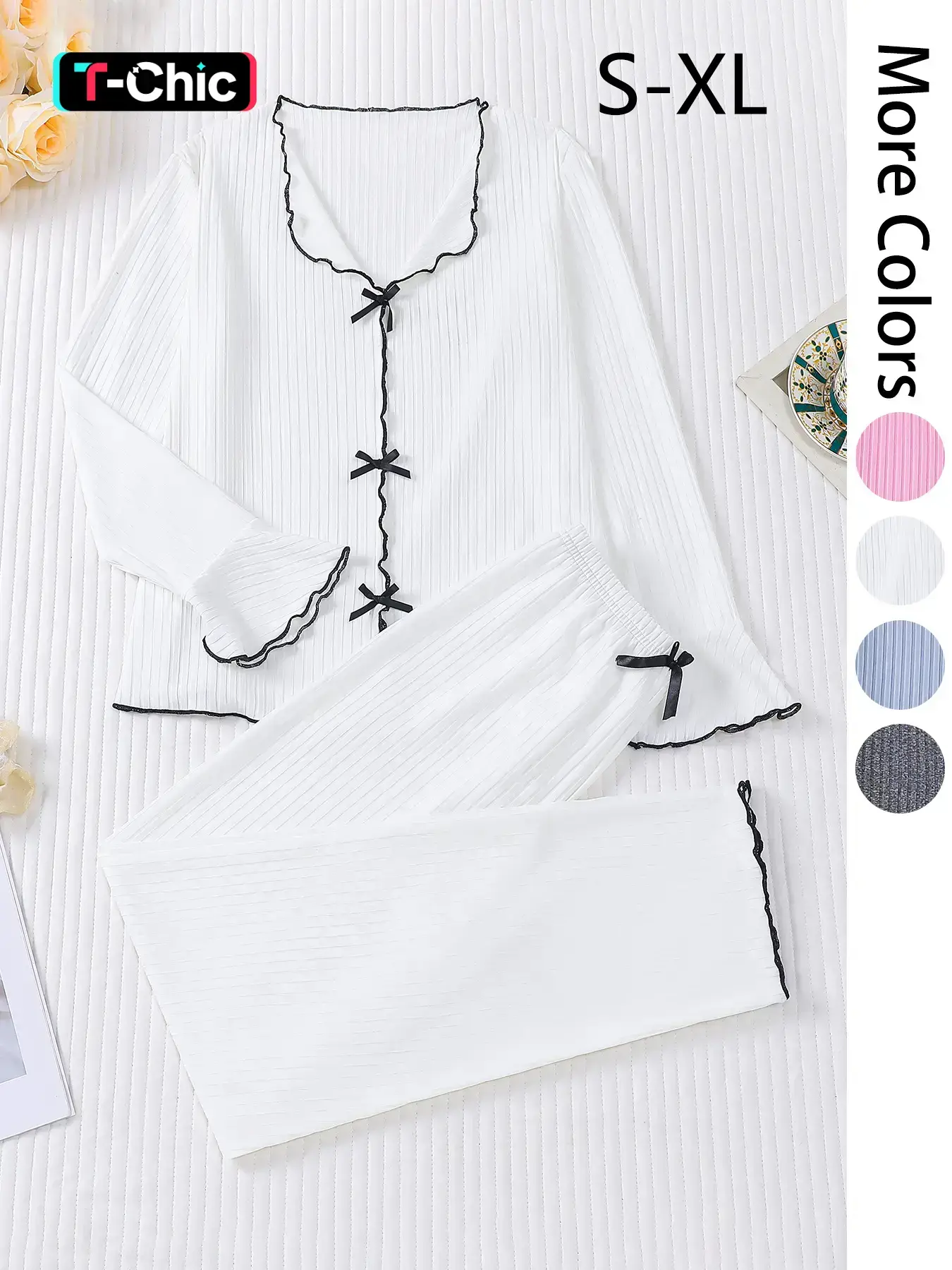 Women's Long Sleeve Top & Pants Pajama Set, Casual Comfy Bow Top & Trousers Pajama Set, Ladies Basic Sleepwear for All Seasons, Loungewear, Soft Stretchy Homewear, Knitted Set, Pyjamas, Pajama Outfit, Nightwear Sleepwear