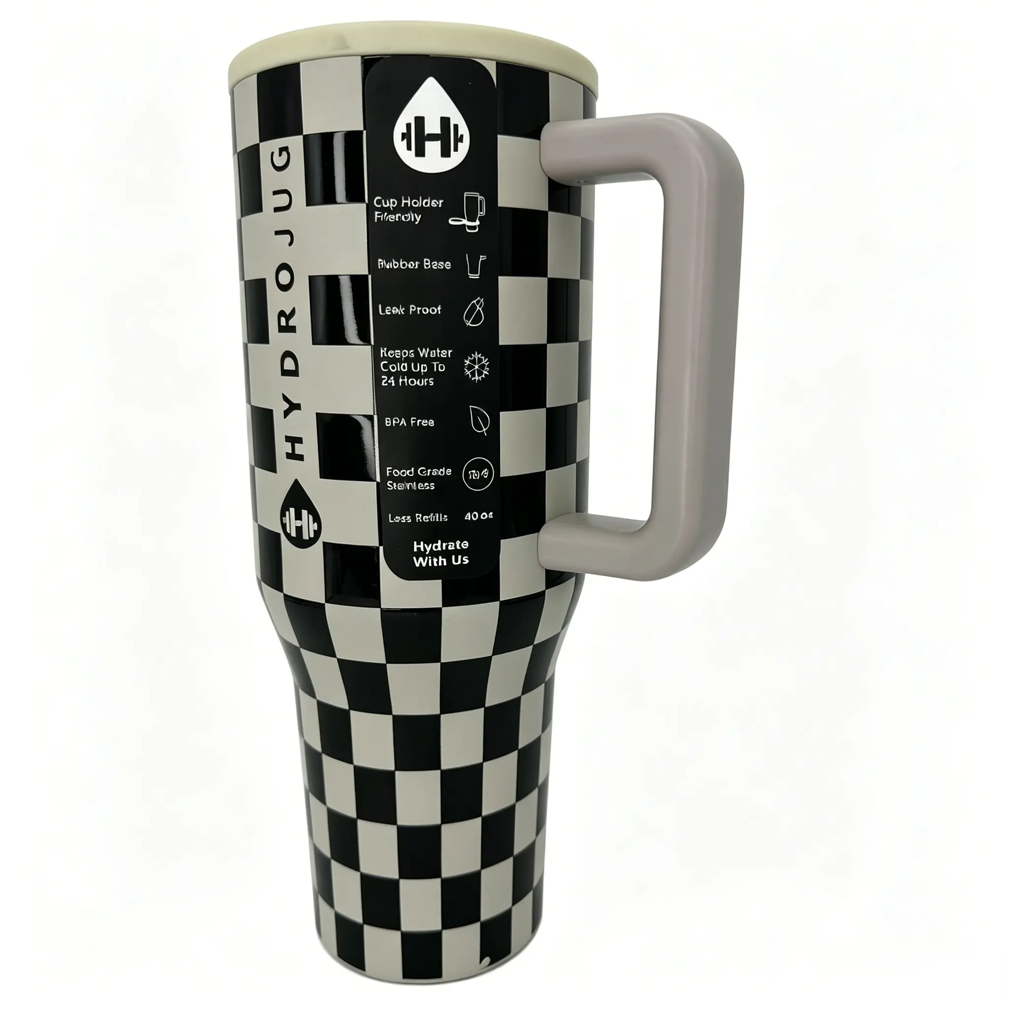 HydroJug 40-oz Stylish Insulated Stainless Steel Iced Coffee Tumbler - Black and White Checkered Adults' Flask, Portable with Handle, 24-Hour Cold Retention, Leak-Proof, BPA-Free, Cup Holder-Fit, Daily Use Insulated Vacuum Flask for Car/Office Drinkware