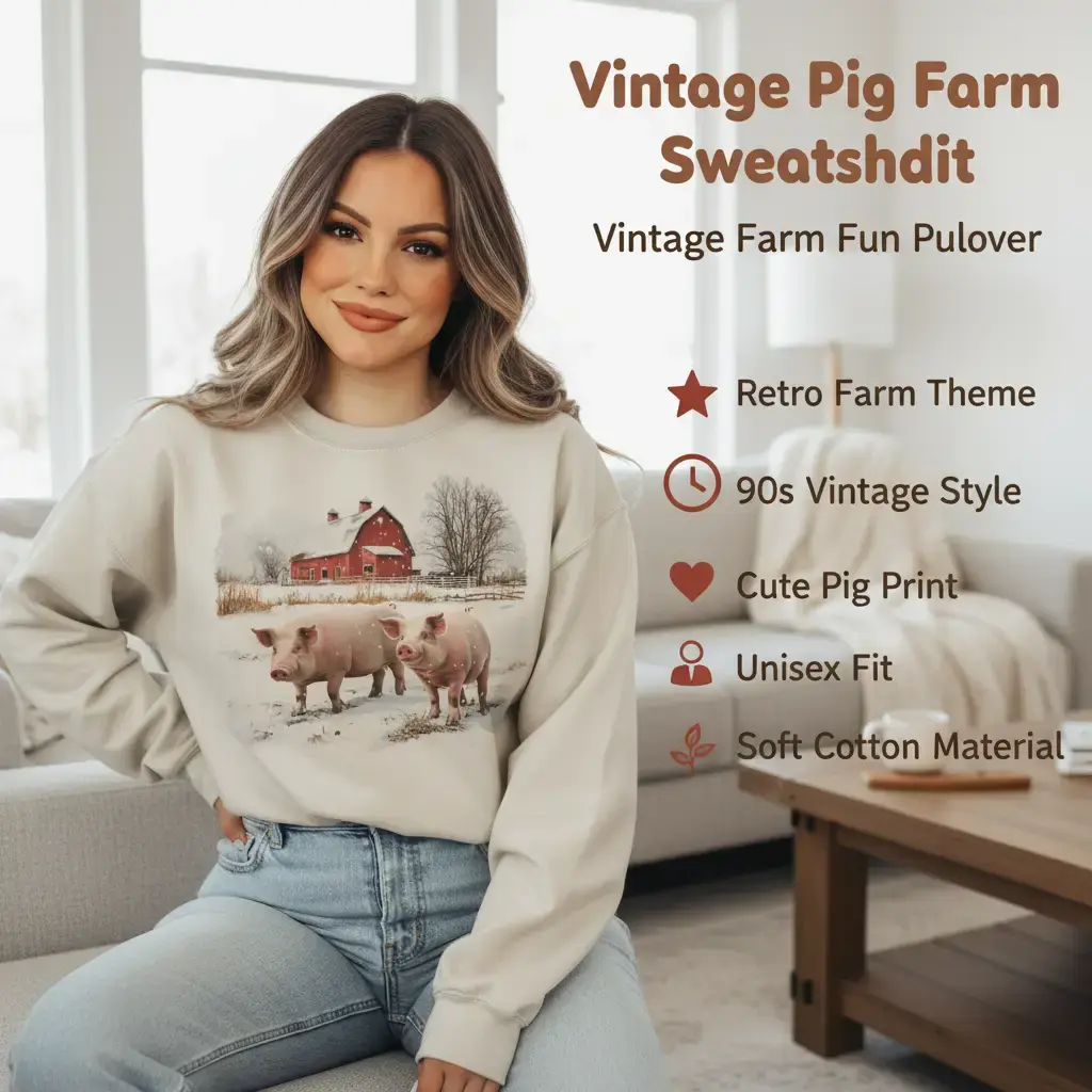 Women's Retro Pig Farm Sweatshirt, Vintage 90s Boho Graphic Pullover, Cute Snowy Barn Scene Printed Long Sleeve Cotton Top