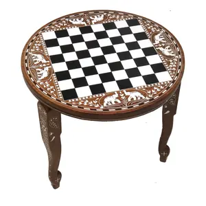 20" Round Wooden Chess Board Table- 17.75" Height Golden Rosewood & Acrylic Ivory