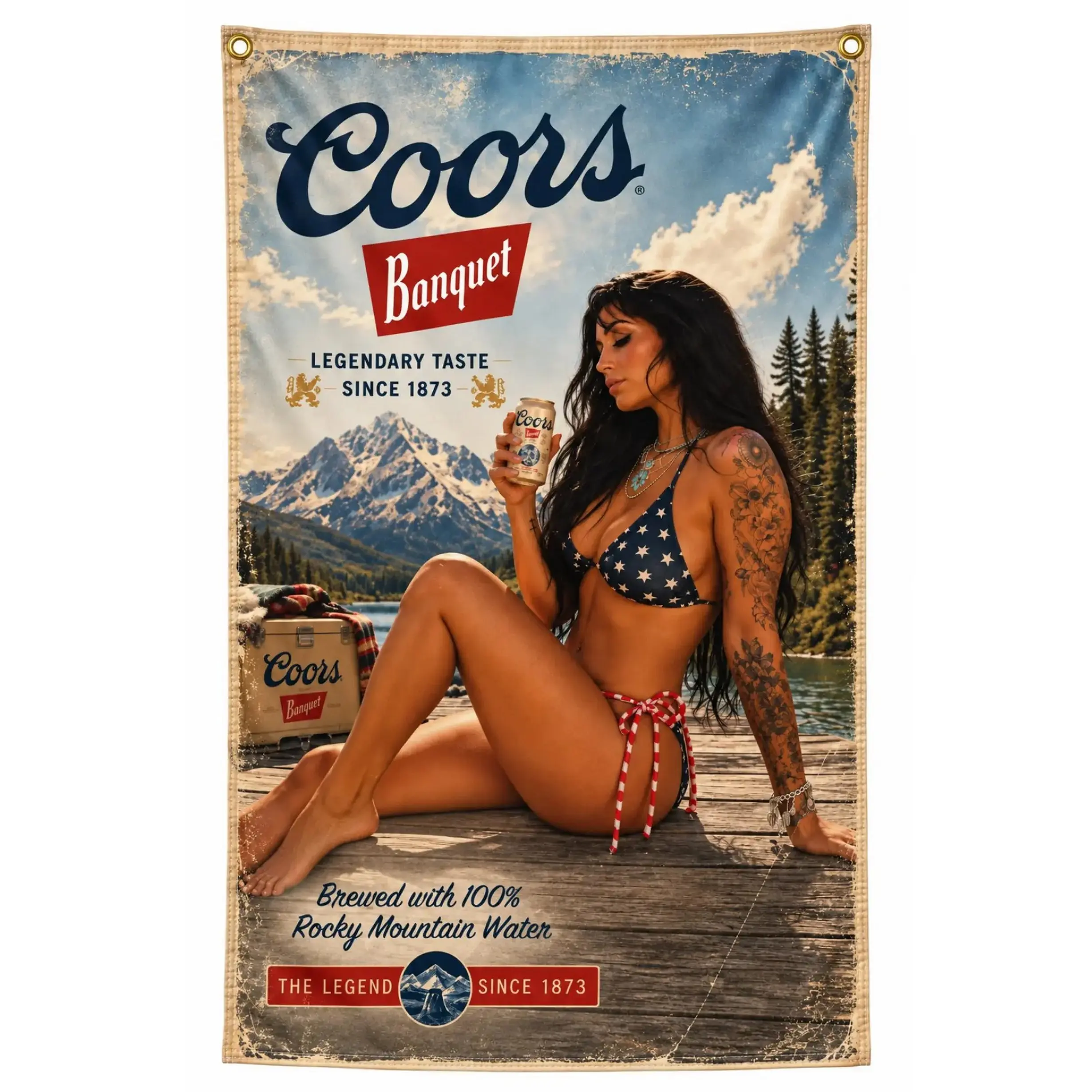 Vintage Mountain Beer Girl Retro Poster Tapestry, Lakeside Pin Up Style Wall Hanging with Scenic Peaks and Rustic Americana Artwork, Fabric Decor for Bedroom Dorm Garage Man Cave Bar, Indoor Outdoor Gift for Men Women All Ages