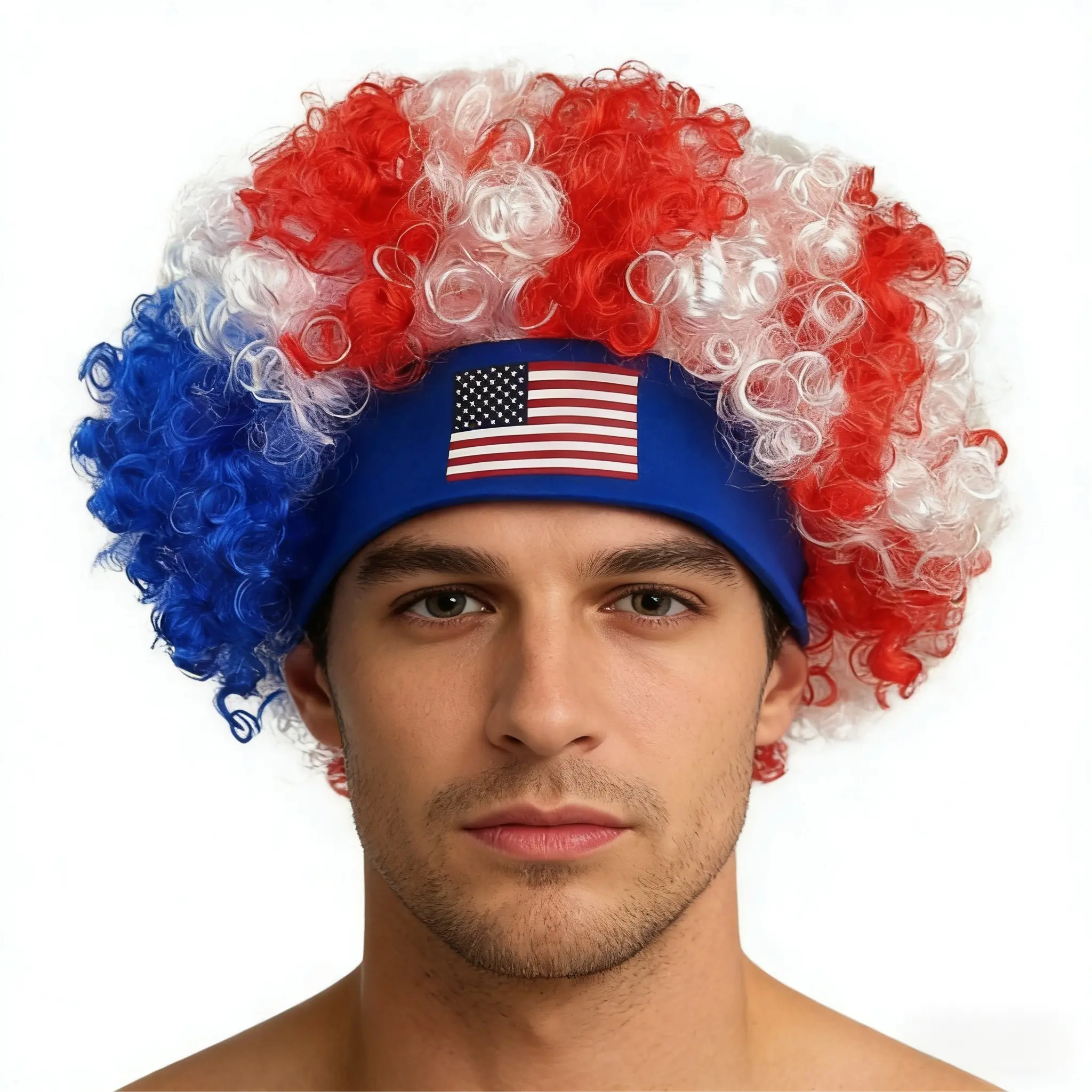 Team Colored Football Fan Cheering Wig with Headband, Sports Party Costume Wig with 10Pcs National Flag Face Stickers Fan Kit