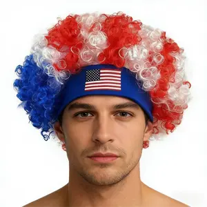 Team Colored Football Fan Cheering Wig with Headband, Sports Party Costume Wig with 10Pcs National Flag Face Stickers Fan Kit