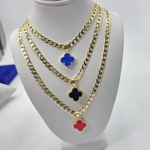 Floral Detail Flower Pendant Necklace with 20-in Cuban Rope Chain and Link, Stylish Costume Jewelry for Everyday Wear
