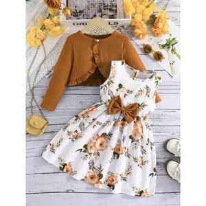 A Sweet Two-Piece Outfit for Girls Featuring a Floral Dress with a Lovely Bow And a Long-Sleeve Ruffled Cardigan, Perfect for Spring And Autumn