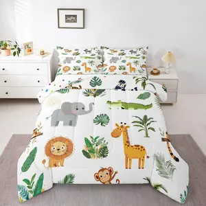 Wild Animals Comforter Set,Safari Animals Comforter,Cute Crocodile Lion Bedding Set,Tropical Quilt,Cartoon Elephant Giraffe Duvet Set