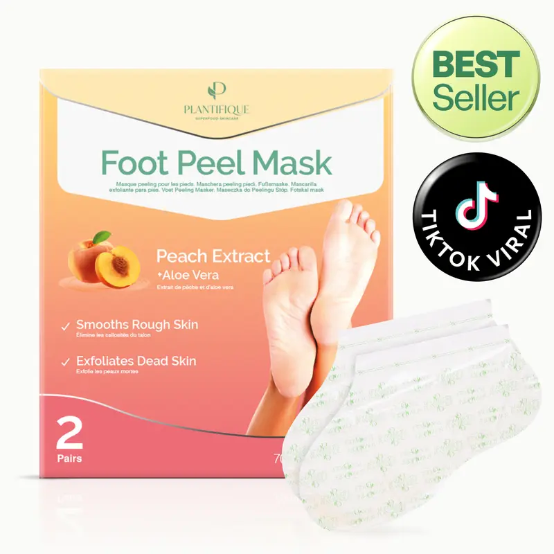 [PLANTIFIQUE Official Shop] Peach Scented Liquid Foot Peel Mask with Glycolic & Citric Acid - Peeling Exfoliator, Callus Remover, Oil-Infused Relaxing Treatment for Dry, Rough, Cracked Feet (Adults)