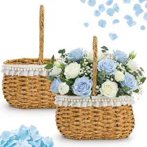 Flower Girl Basket Set of 2, Wicker Rattan Baskets with Handle, Rustic Decorative Wedding Basket for Flower Girls, Small Handwoven Picnic Basket for Home Decor, Easter Sweets Storage
