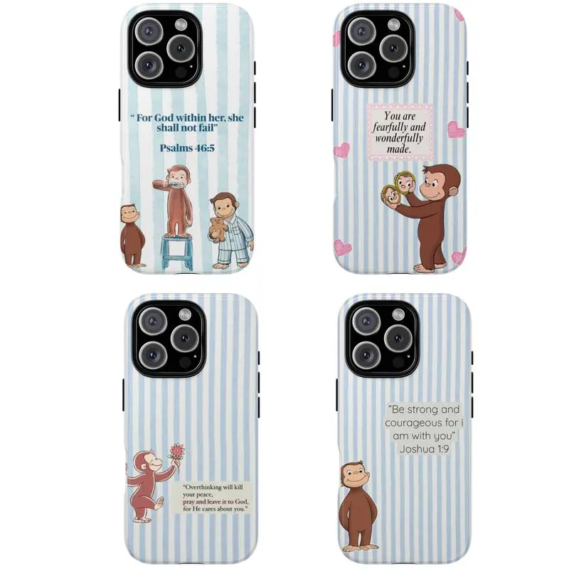 Christian Curious George Bible Verse Phone Case – Cute Monkey Faith Phone Cover, Pastel Blue Aesthetic, Inspirational Scripture Gift for Women |   Cover for IPhone 17 16 15 14 13 12 SE Max Pro Samsung galaxy 21 22 23 24 25