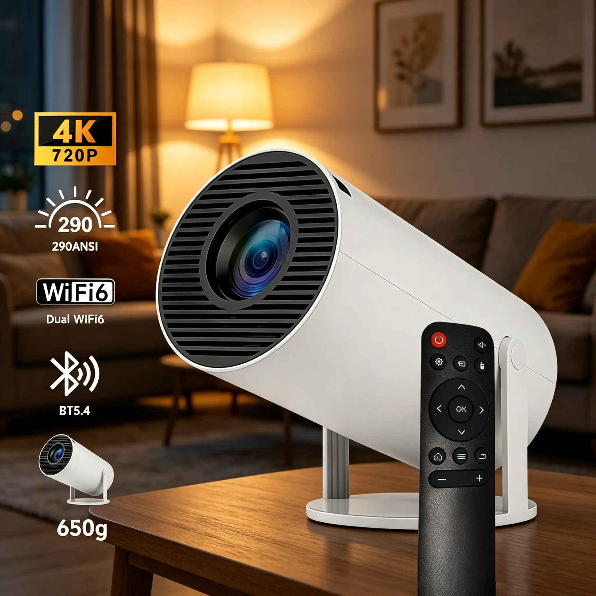 portable projector  Android Smart Mini bluetooth Projector, 290 Lumen, Dual WiFi, 4K Decoding, Auto Keystone Correction, 720P Display, BT5.4, 130" Screen, Built-in Speaker, 180° Rotatable, 650g, Home Cinema & Outdoor Use, Ideal Gift hd