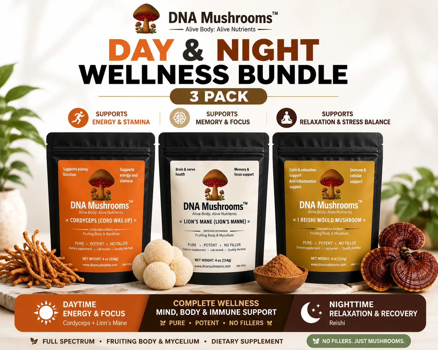 DNA Mushrooms Day & Night Wellness Bundle 3 Pack Supports Energy Stamina Memory Focus Relaxation Stress Balance Complete Wellness