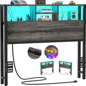 Headboard for  Size Bed with Storage, Headboards with Outlets, USB Ports and LED Light,  Size  Board Only, Height Adjustable, Reversible, Sturdy and  Headboard, Black Oak