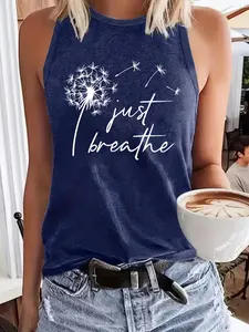 Deep Breath Graphic Tank Top, Casual Round Neck Sleeveless Summer Top, Comfortable Breathable, Women's Clothing S-Xxl