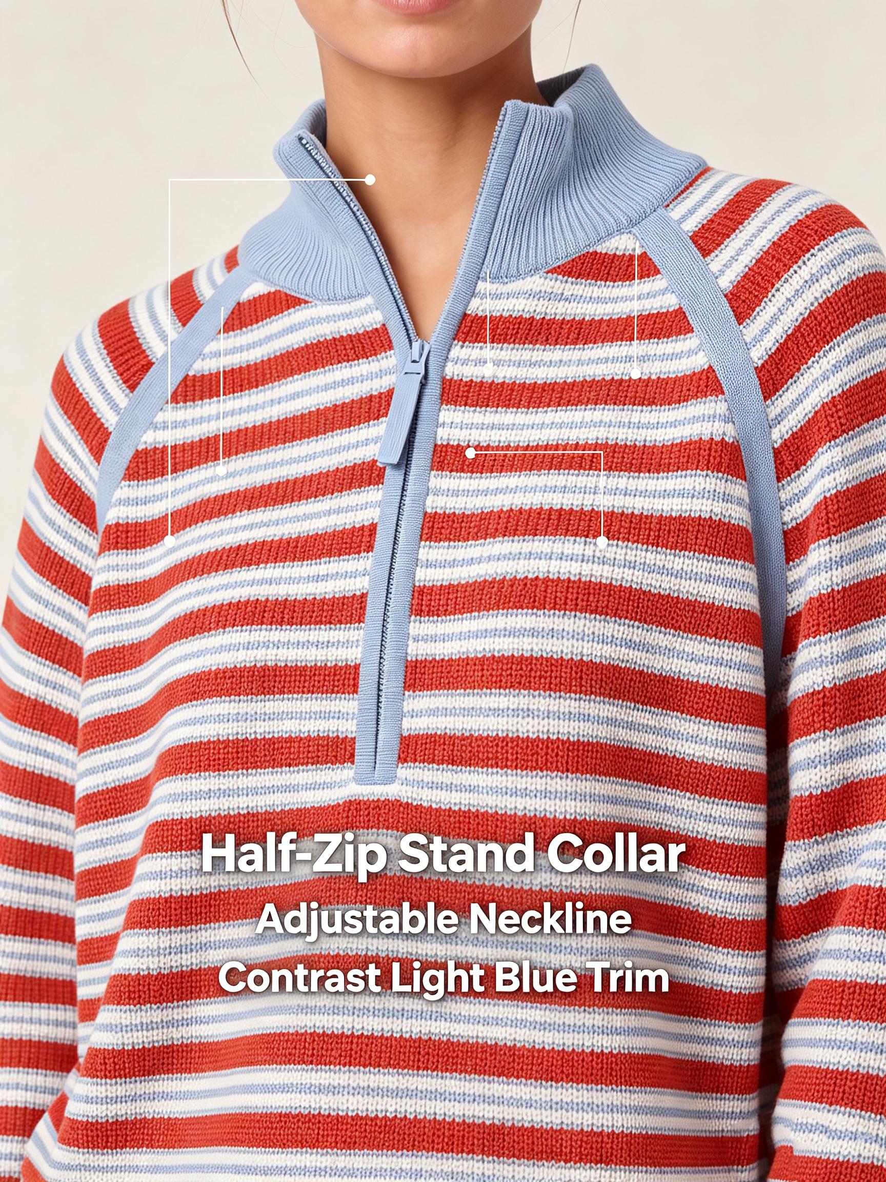 Wodubu Women's Knitwear Sweaters - Half-Zip Striped Ribbed Knit Tops, Long Sleeves, Casual Oversized Fit, Style Options: Mock Neck, V-Neck, 2026 Fall Winter Clothes