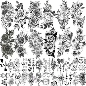 36 Sheets Large Flower Temporary Tattoos Stickers for Women Black Fake Sketch Rose Boho Flowers Tattoo Stickers Waterproof Bohemian Sleeve Leg Body Art Girl Teens Tatoo Sticker sticker tattoo sleeve