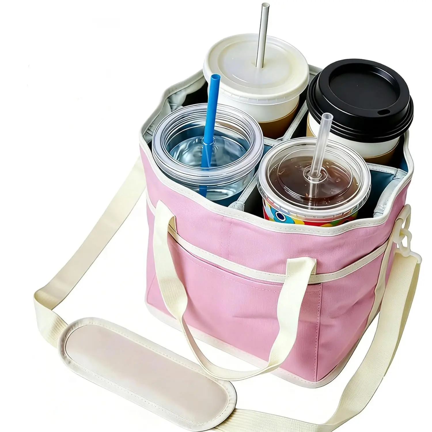 2026 Upgraded Family Size 4 Compartment Drink Bag, Drink Carrier Bag, Travel Essentials, Insulated Drink Caddy with Adjustable Shoulder Strap & Dividers, Anti-Tip Holder for Coffee Cups & Tumblers, Cooler Bag