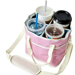 2026 Upgraded Family Size 4 Compartment Drink Bag, Travel Essentials, Dynamic Stability Insulated Drink Caddy with Adjustable Shoulder Strap & Dividers, Anti-Tip Holder for Coffee Cups & Tumblers, Cooler Bag