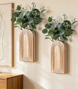 DREAMLOOM 2 Pack Wooden Wall Vases with Fake Plants, Wall Hanging Planters Boho Modern Farmhouse Indoor for Narrow Spaces Entryway Bathroom Home Office Decoration, Brown