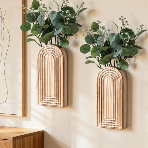 Ivydale 2-Pack Lightweight Wooden Wall Vase Set with Fake Plants - Boho Modern French Country Hanging Planters for Narrow Spaces, Brown Aesthetic Whimsical Wall Decor, Cool Room Decor Gift, Apartment Living Room Accessory