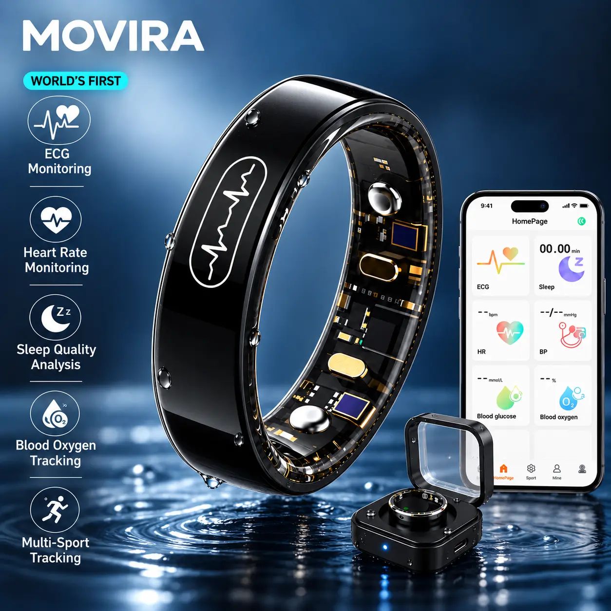 Smart ECG Health Monitoring Ring Movira, Men & Women, ECG/Heart Rate /Sleep /Fitness Tracker/Blood Pressure/Blood Oxygen/Temperature/IP68 Waterproof, Rechargeable for Swimming and Cycling