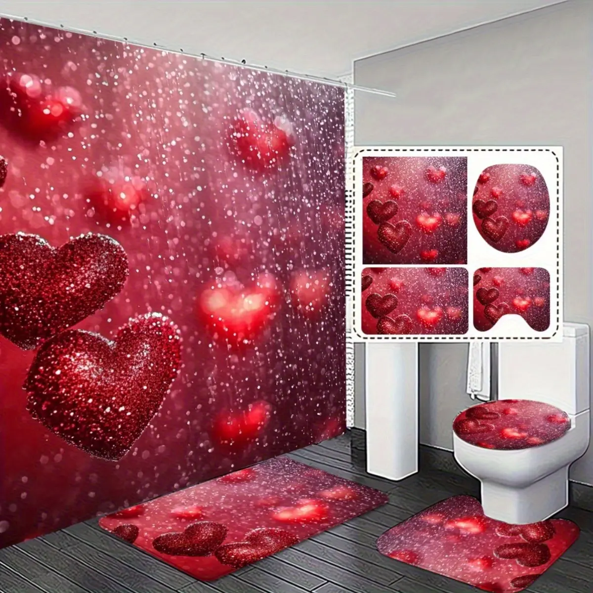 2D Flat, 4pcs, Valentine'S Day Gift Warm And Romantic Romantic Red Heart Bathroom Set - 2D Flat Printing Shower Curtain, Bath Non-Slip, And Toilet Lid Cover for Gifts to Express Love Exquisite And Practical Home Decoration Gift
