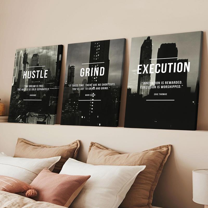 3Pcs Wooden Framed Canvas Painting, Black And White Cityscape With Motivational Quotes, Exquisite Poster, Home Decoration, Pattern Wall Art Decor, For Living Room, Bedroom, Office, Restaurant, Bar Wall Decor, Odorless, Painting, Print Artwork.