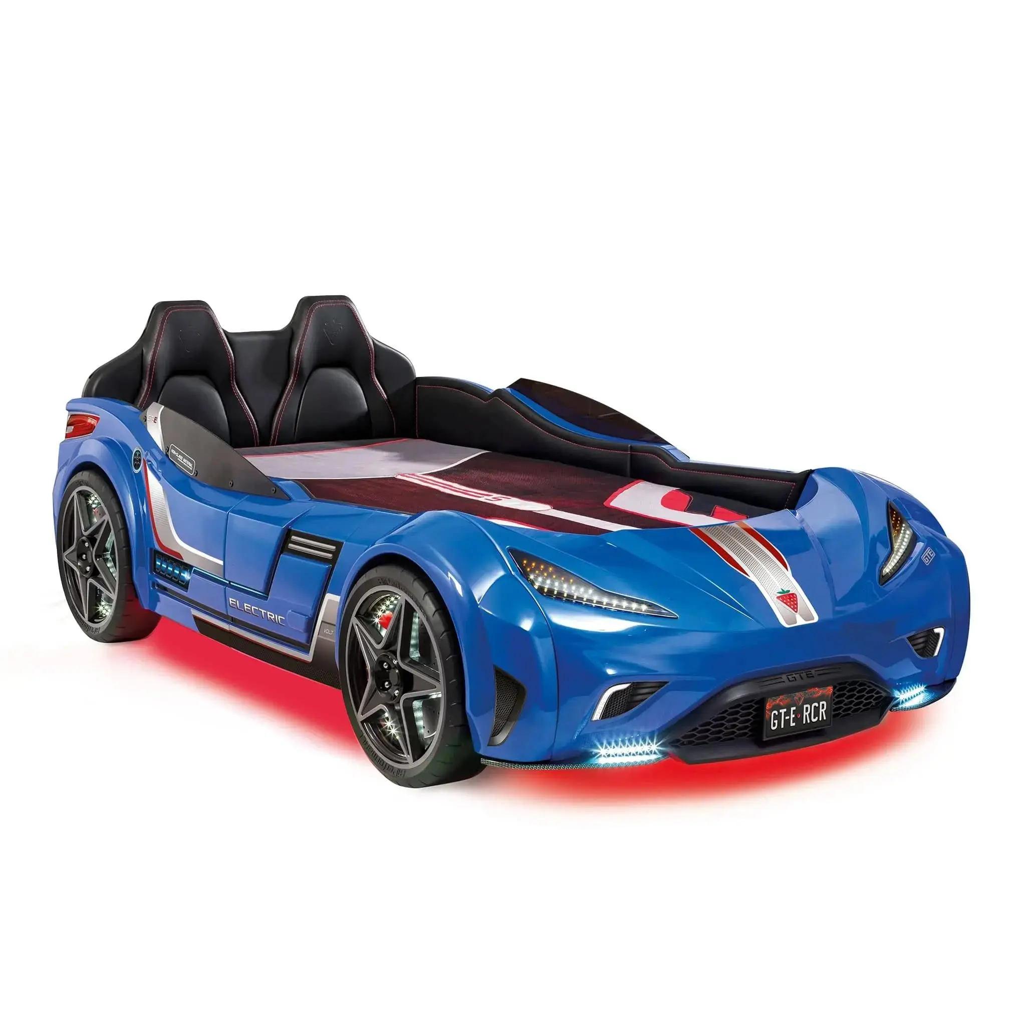 GTS EV Blue Twin-Size Race Car Bed with Remote, LED Ambient Lights, Upholstered Headboard & Interior