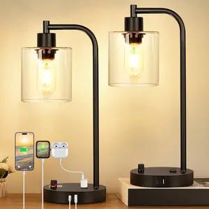 Set of 2 Industrial Table Lamps with USB Port, Fully Stepless Dimmable Bedside Lamps for Bedrooms, Nightstand Desk Lamp with Clear Glass Shade for Reading Living Room Office 2 LED Bulb Included