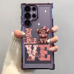 Cute Cow Love Pattern Phone Case,Electroplated Cover with Airbag Shockproof Slim Soft TPU Cover for Samsung S26 S25 S24 S23 S22 Ultra S25Edge S24FE Plus S25+ Western Cowgirl