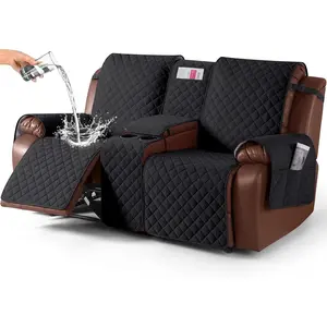 100% Waterproof Recliner Loveseat Cover with Console, Non-Slip Reclining Couch Covers for 2 Seat, Recliner Sofa Cover Furniture Protector with Elastic Straps for Kids, Pets, Black