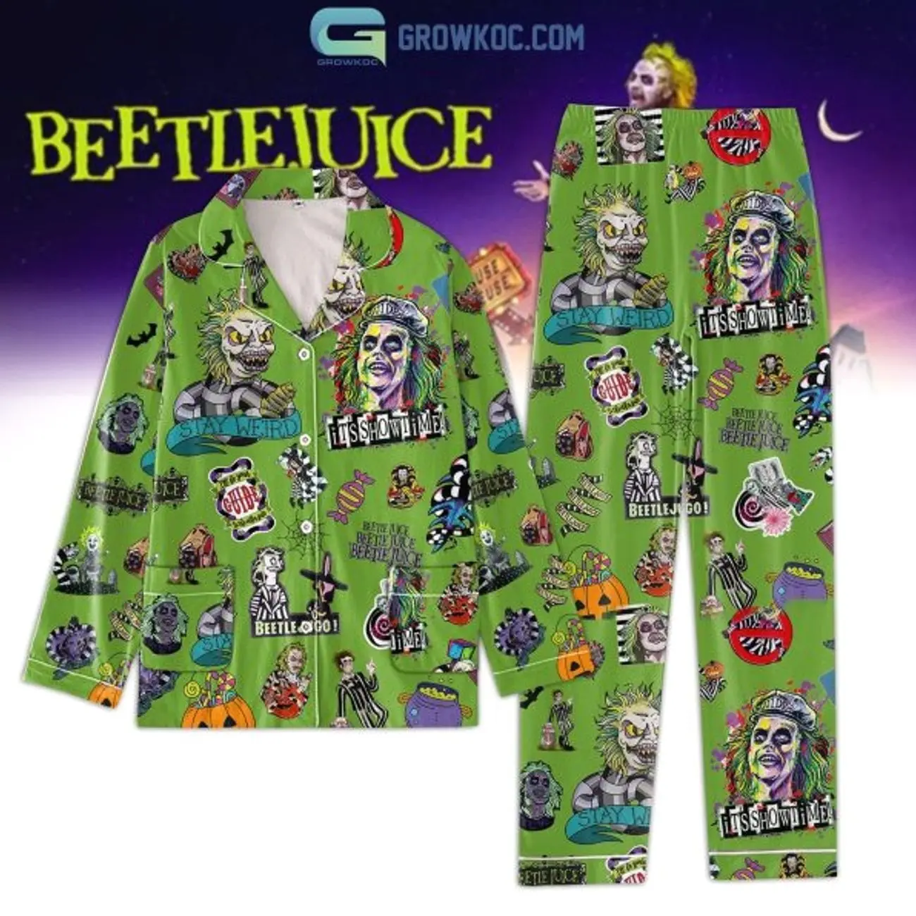 Beetlejuice It’s Show Time Green Design Pajamas Set