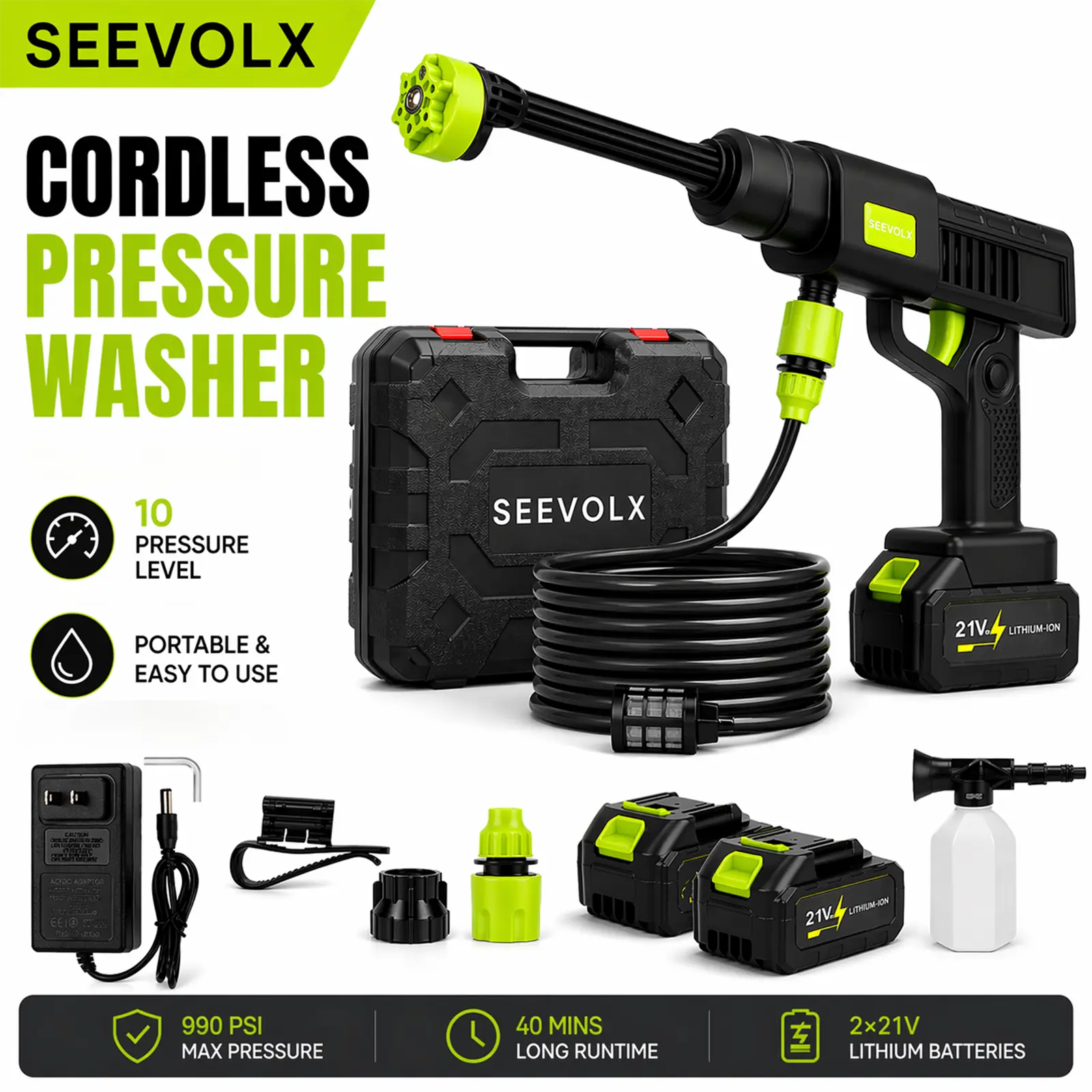 SEEVOLX Upgraded Cordless Pressure Washer - 990 PSI High Adjustable Portable Power Washer with 10 Pressure Levels, Spray Gun Attachment for Car & Home Cleaning, Cordless Pressure Washers, High Adjustable Pressure Washers