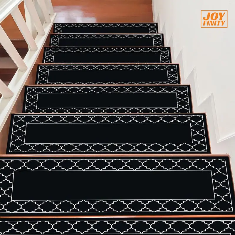Joyfinity 15pcs of Black And White Patterned Stair Mats, Non-Slip Stair Carpets, Protective Step Carpets, Bordered Stair Mats for Home Decoration, Suitable for Indoor/Outdoor Stairs, Wooden Or Hard Surfaces