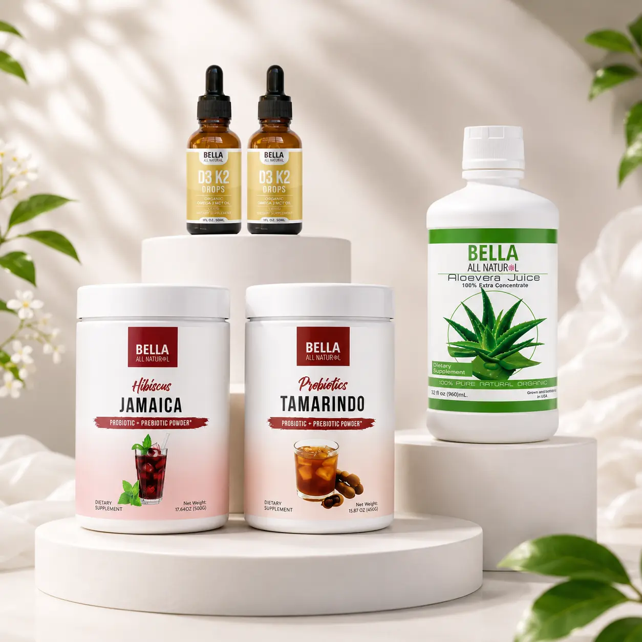 Bella All Natural MEGALIVE Bundle #1: Aloe Vera Juice + Jamaica + Tamarindo + D3 K2 Drops 2-Pack