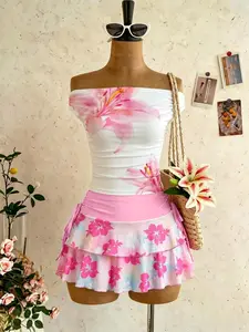 Y2K Floral Print Off-Shoulder Ruched Top and Lace Hem Short Skirt Beach Set, Stylish Summer Fashion, Perfect for Casual Wear