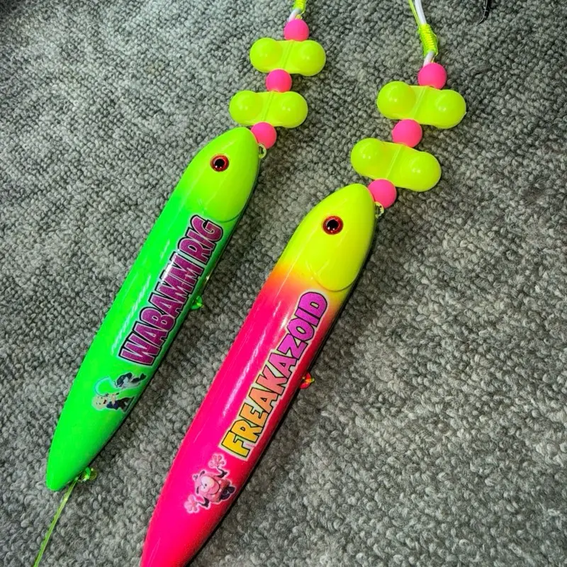 Freakazoid & Wabamm 2 Pack: Freakazoid sub (13cm) pre-tied on 6/0 white glow hook and Wabamm sub (13cm) pre-tied on 6/0 white glow hook both on 100 pound yellow mono leader lines