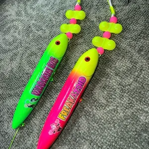 Freakazoid & Wabamm 2 Pack: Freakazoid sub (13cm) pre-tied on 6/0 white glow hook and Wabamm sub (13cm) pre-tied on 6/0 white glow hook both on 100 pound yellow mono leader lines