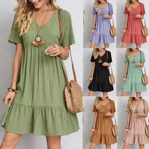 Spring 2025 New Fashion Trend: Women’s Loose Casual Short-Sleeve Waist-Flowing Midi Dress for Mid-Twenties – Drop-Waist Design, Elegant Style
