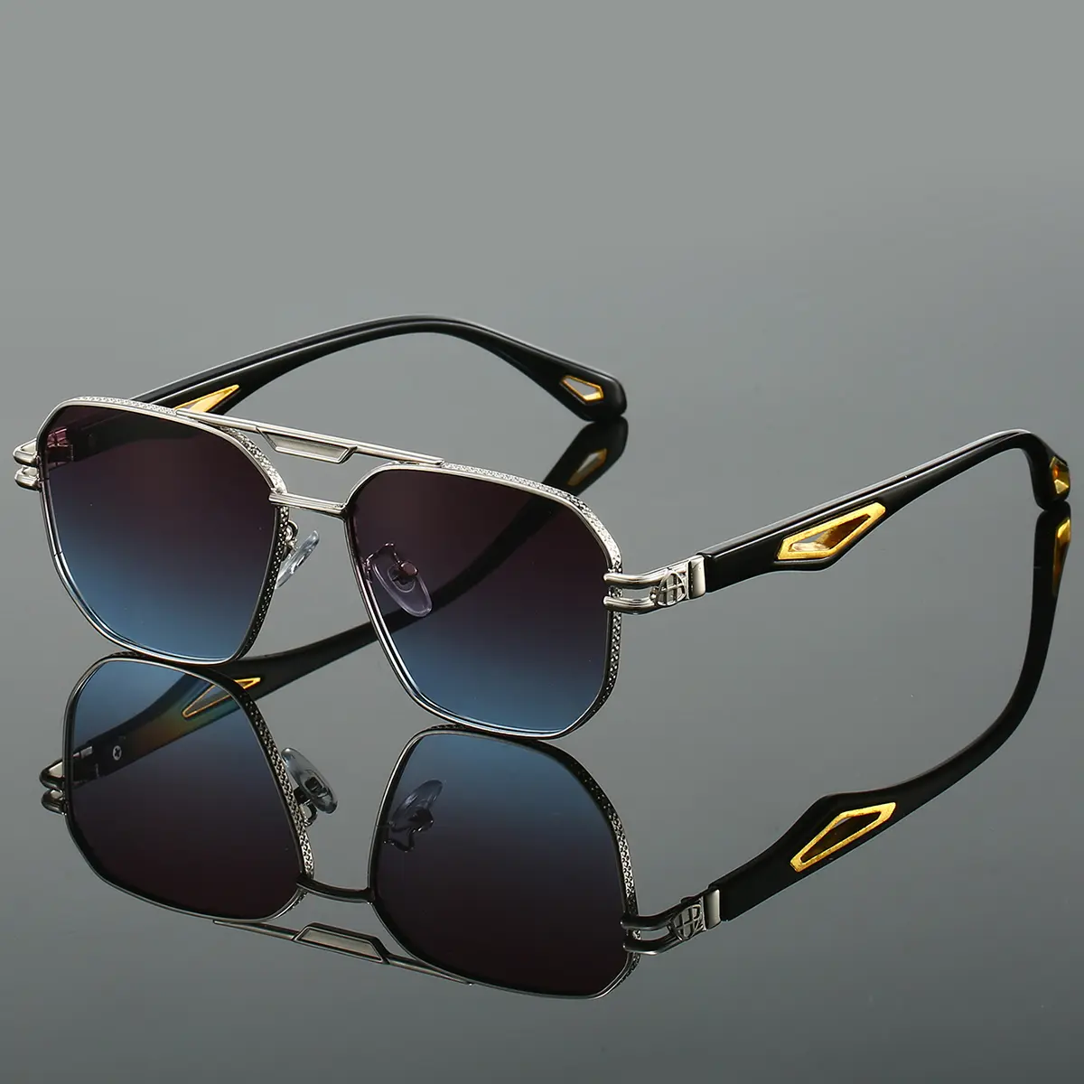 Men's Vintage Square Sunglasses, Double Bridge Gradient Polarized Shades, Trendy Casual Stylish Fashionable Frames, Designer Outdoor Casual Glasses, Gradient Polarized Sunglasses, Trendy Casual Sunglasses