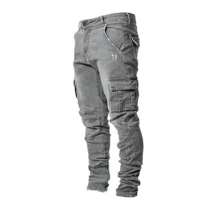 Men’s baggy bootcut jeans, casual trendy mid-rise elastic multi-pocket slim fit, ankle-length, machine washable, European style slimming effect menswear stylish plain streetwear denim leggings pants pocket beige
