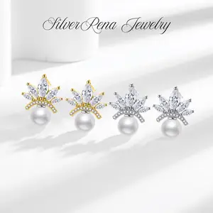 Synthetic Pearl Stud Earrings with 5A CZ Crown Design, Elegant Maple Leaf Flower Design Ear Jewelry and Luxurious Style Perfect Gift for Women, Safe for Wedding and Daily Wear, Christmas and Birthday Gift for Lover or Girls